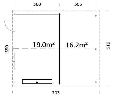 Roger 19+16.2m2 (6.53x5.5m | 44mm) Varjualusega freespruss-garaaž sektsioonuksega