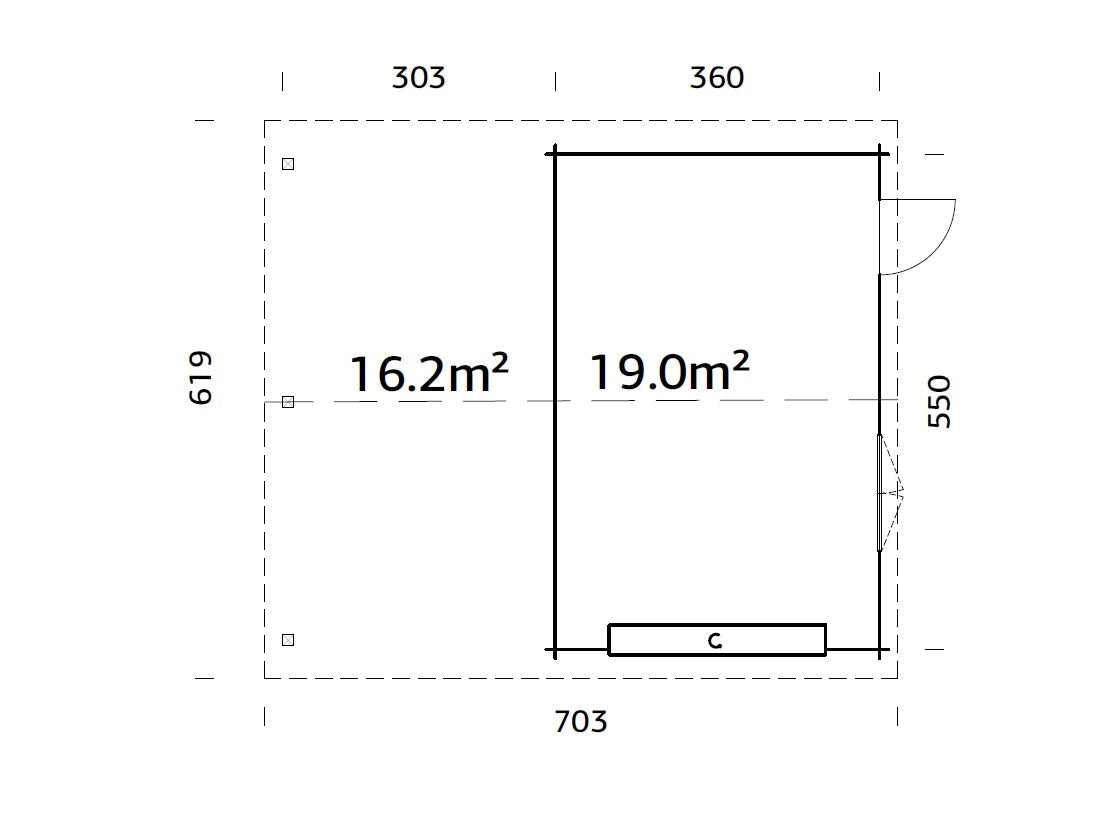Roger 19+16.2m2 (6.53x5.5m | 44mm) Varjualusega freespruss-garaaž sektsioonuksega