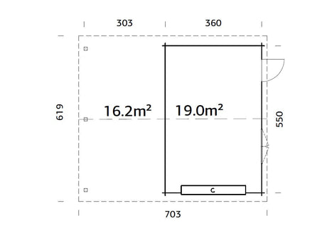 Roger 19+16.2m2 (6.53x5.5m | 44mm) Varjualusega freespruss-garaaž sektsioonuksega
