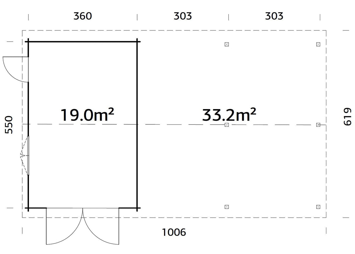 Roger 19+33.2m2 (9.56x5.5m | 44mm) Suure varjualusega freespruss-garaaž puidust uksega