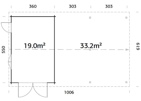 Roger 19+33.2m2 (9.56x5.5m | 44mm) Suure varjualusega freespruss-garaaž puidust uksega