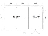 Roger 19+33.2m2 (9.56x5.5m | 44mm) Suure varjualusega freespruss-garaaž puidust uksega