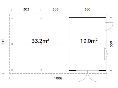 Roger 19+33.2m2 (9.56x5.5m | 44mm) Suure varjualusega freespruss-garaaž puidust uksega