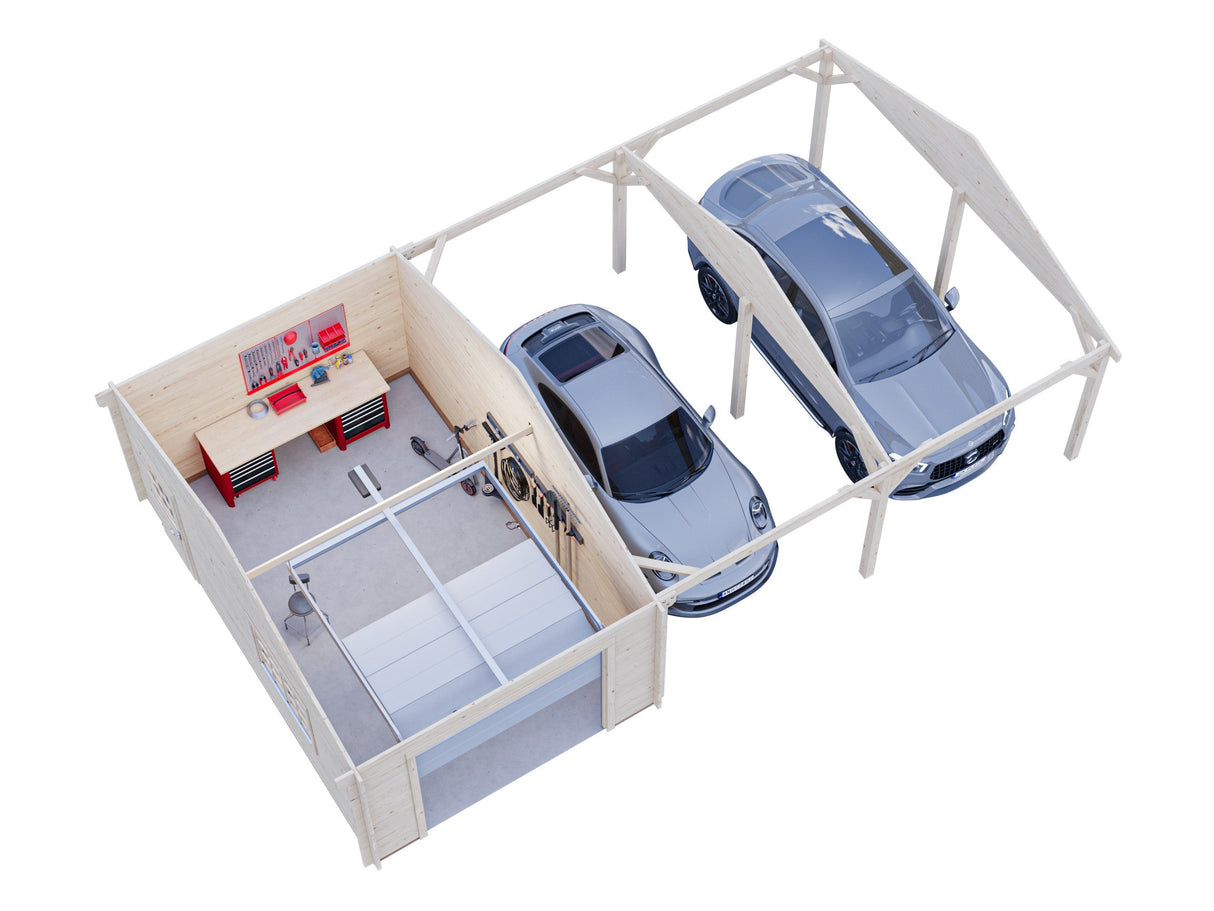 Roger 19+33.2m2 (9.56x5.5m | 44mm) Suure varjualusega freespruss-garaaž sektsioonuksega