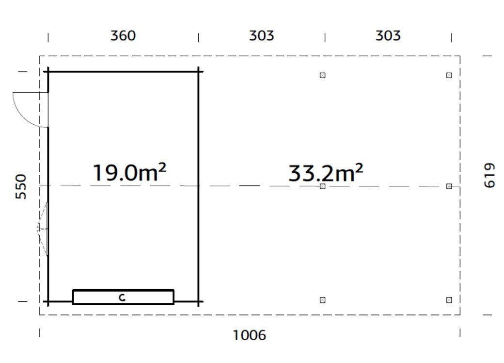 Roger 19+33.2m2 (9.56x5.5m | 44mm) Suure varjualusega freespruss-garaaž sektsioonuksega