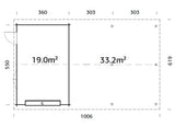 Roger 19+33.2m2 (9.56x5.5m | 44mm) Suure varjualusega freespruss-garaaž sektsioonuksega