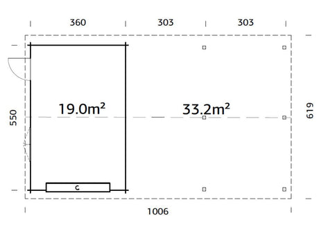 Roger 19+33.2m2 (9.56x5.5m | 44mm) Suure varjualusega freespruss-garaaž sektsioonuksega