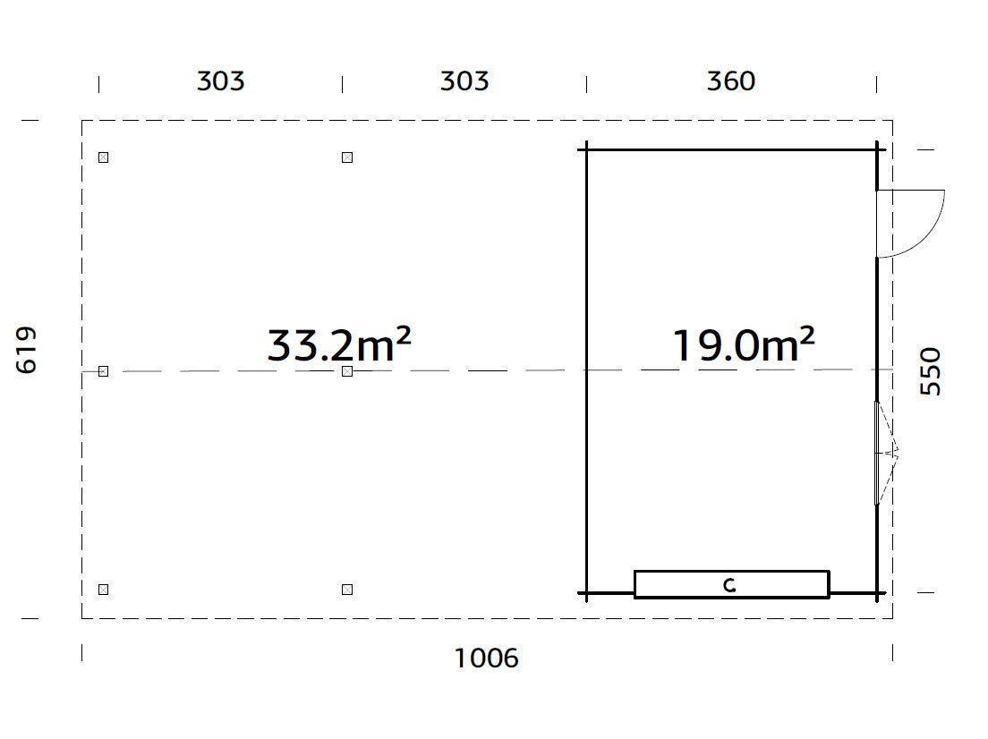 Roger 19+33.2m2 (9.56x5.5m | 44mm) Suure varjualusega freespruss-garaaž sektsioonuksega