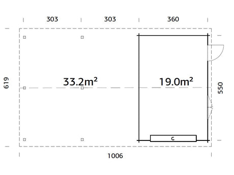 Roger 19+33.2m2 (9.56x5.5m | 44mm) Suure varjualusega freespruss-garaaž sektsioonuksega