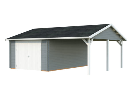 Roger 19+16.2m2 (6.53x5.5m | 44mm) autovarjualusega freespruss-garaaž puidust ustega