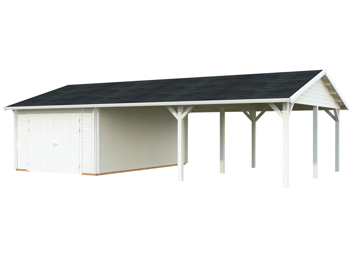 Roger 19+33.2m2 (9.56x5.5m | 44mm) Suure varjualusega freespruss-garaaž puidust uksega