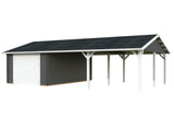 Roger 19+33.2m2 (9.56x5.5m | 44mm) Suure varjualusega freespruss-garaaž puidust uksega