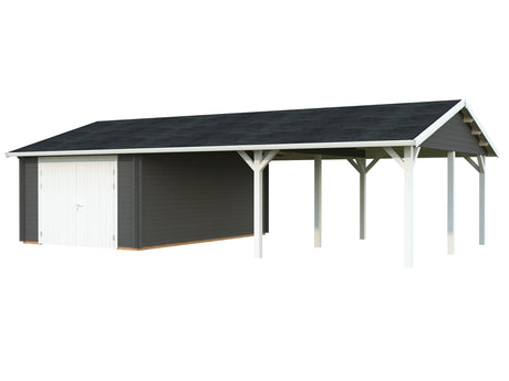 Roger 19+33.2m2 (9.56x5.5m | 44mm) Suure varjualusega freespruss-garaaž puidust uksega