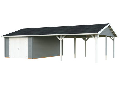 Roger 19+33.2m2 (9.56x5.5m | 44mm) Suure varjualusega freespruss-garaaž puidust uksega