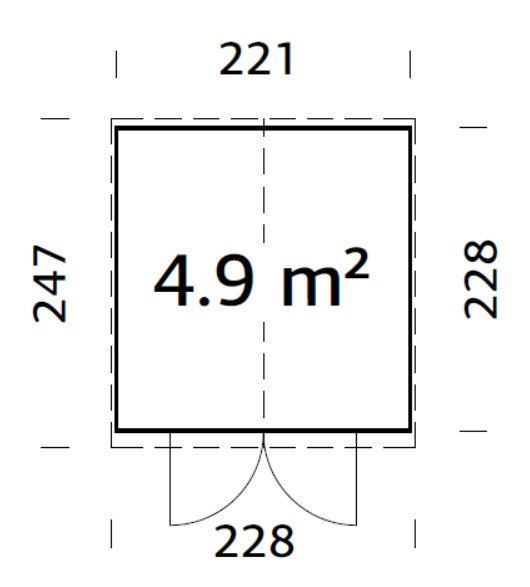 Elias 4,9 m² (2,2x2,3 m | 16 mm) Kompaktne puidust laokuur ülemiste akendega