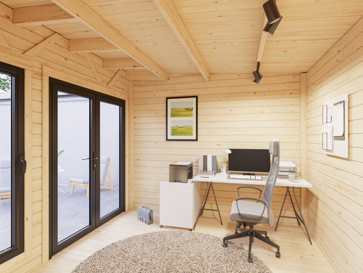 Aurelia 8,4 m² (3x3 m | 44 mm) Kompaktne modernne aiakontor alumiiniumuste ja -akendega