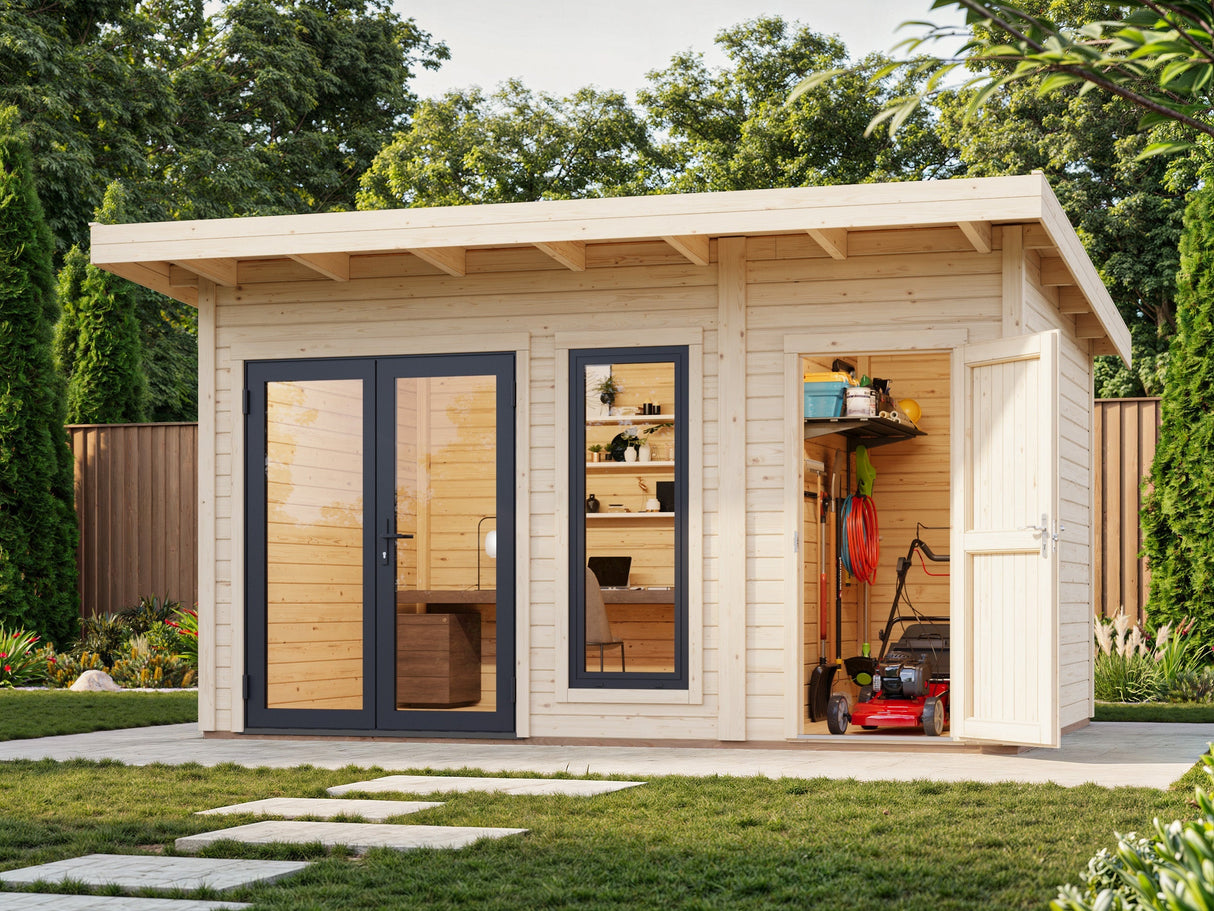 Aurelia 12,4 m² (4,4x3 m | 44 mm) Kompaktne aiamaja kuuriga