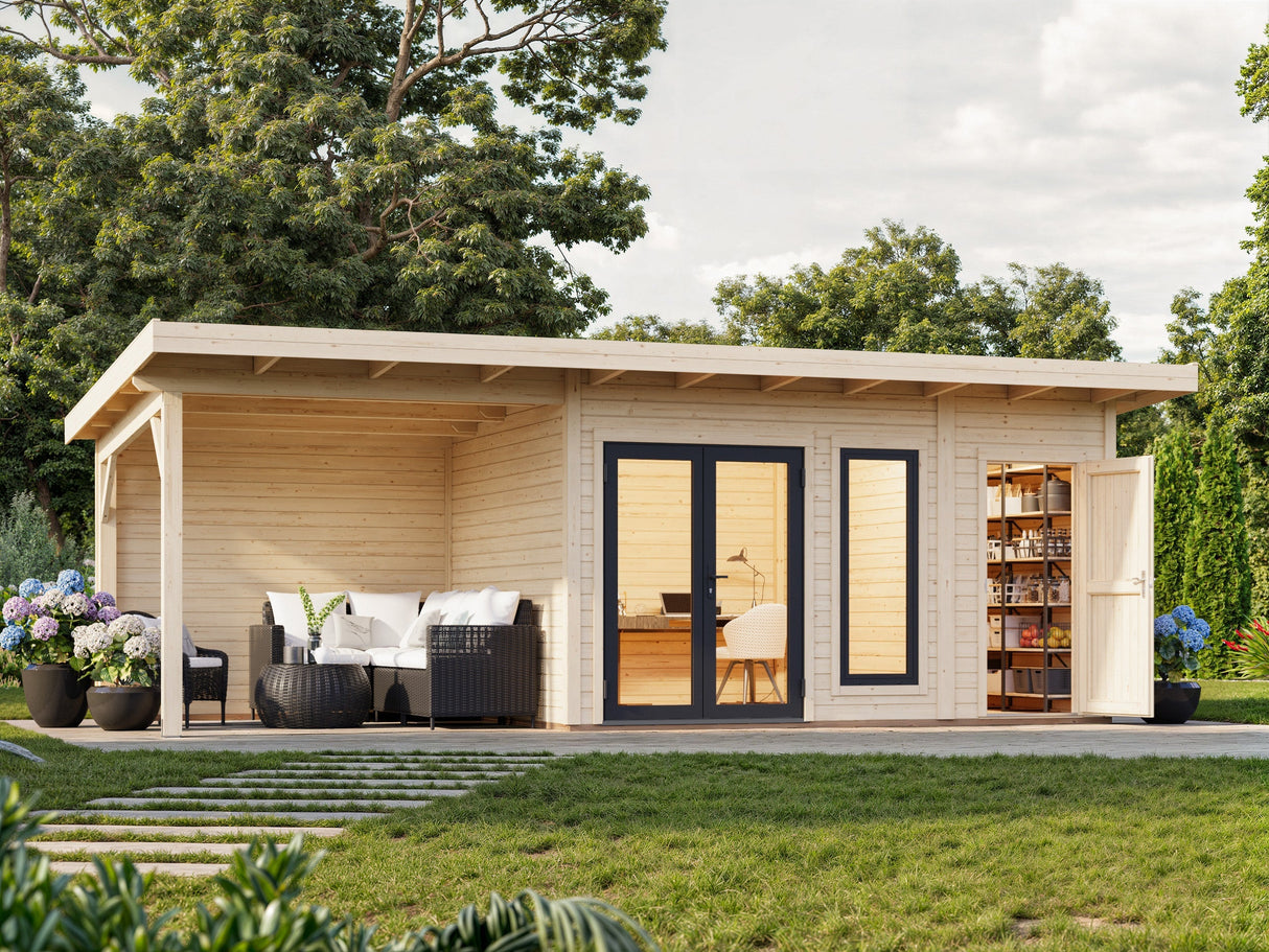 Aurelia 12,4 + 7,9 m² (7,4x3 m | 44 mm) Ühepoolse kaldega palkmaja katusealuse ja kuuriga