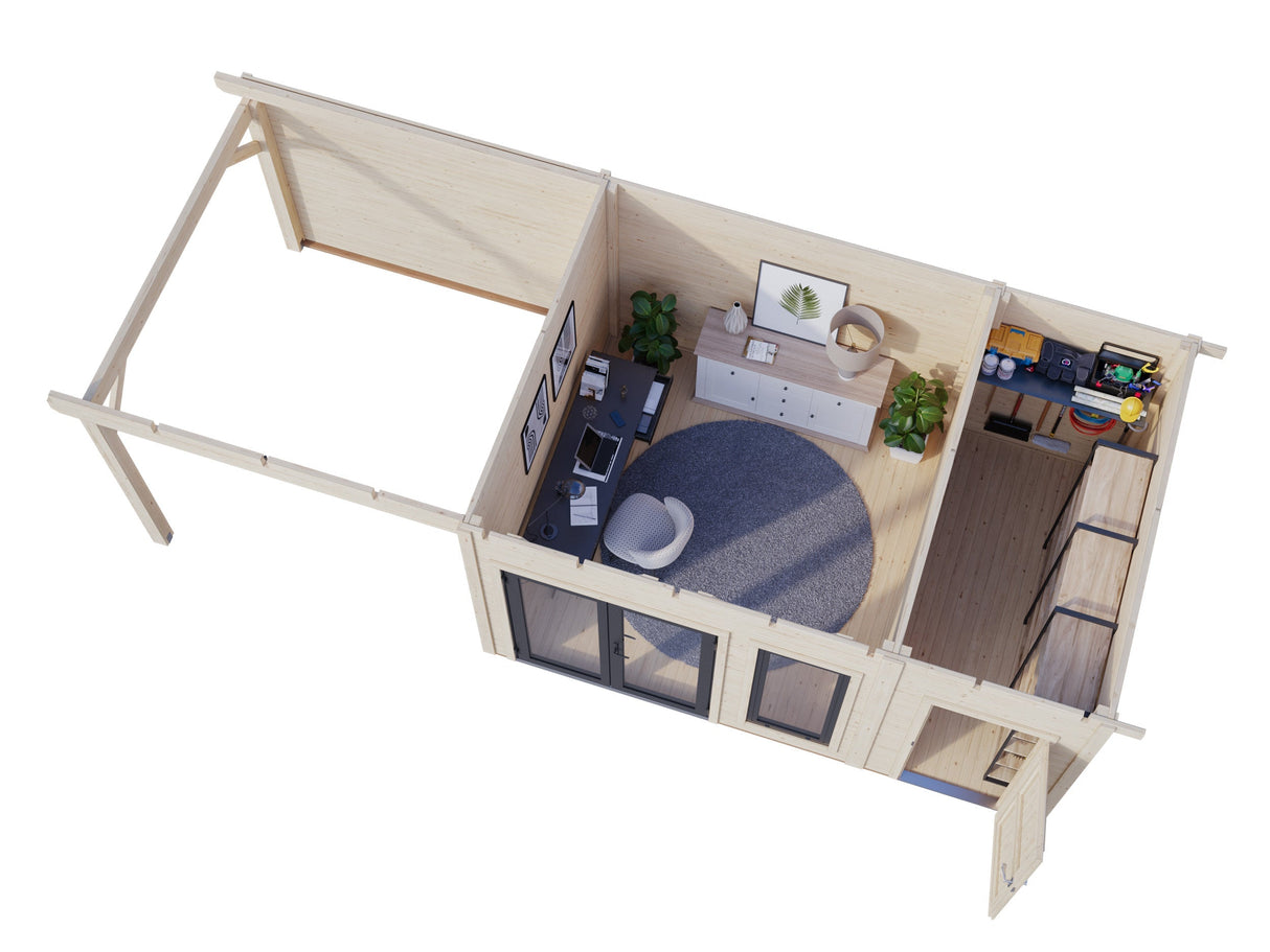 Aurelia 12,4 + 7,9 m² (7,4x3 m | 44 mm) Ühepoolse kaldega palkmaja katusealuse ja kuuriga