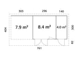 Aurelia 12,4 + 7,9 m² (7,4x3 m | 44 mm) Ühepoolse kaldega palkmaja katusealuse ja kuuriga