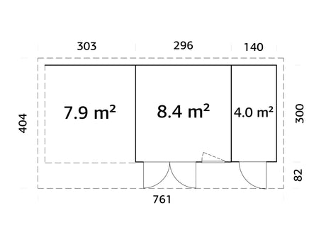 Aurelia 12,4 + 7,9 m² (7,4x3 m | 44 mm) Ühepoolse kaldega palkmaja katusealuse ja kuuriga