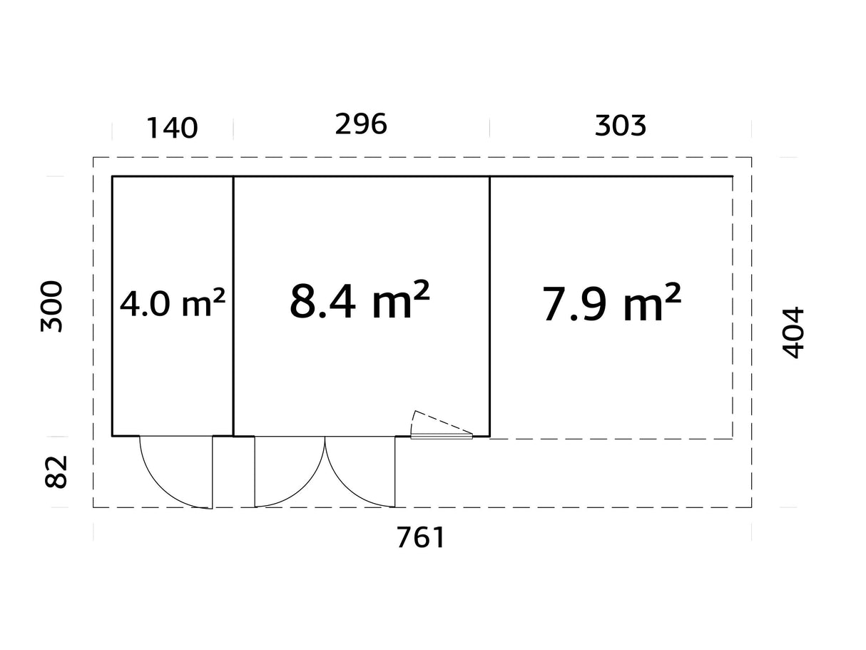 Aurelia 12,4 + 7,9 m² (7,4x3 m | 44 mm) Ühepoolse kaldega palkmaja katusealuse ja kuuriga