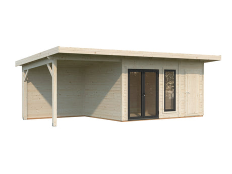 Aurelia 12,4 + 7,9 m² (7,4x3 m | 44 mm) Ühepoolse kaldega palkmaja katusealuse ja kuuriga