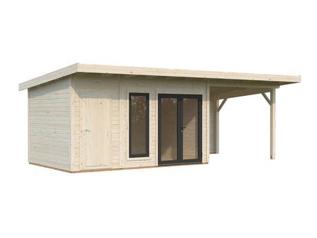 Aurelia 12,4 + 7,9 m² (7,4x3 m | 44 mm) Ühepoolse kaldega palkmaja katusealuse ja kuuriga