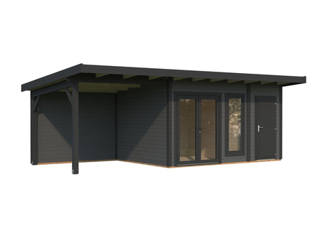 Aurelia 12,4 + 7,9 m² (7,4x3 m | 44 mm) Ühepoolse kaldega palkmaja katusealuse ja kuuriga