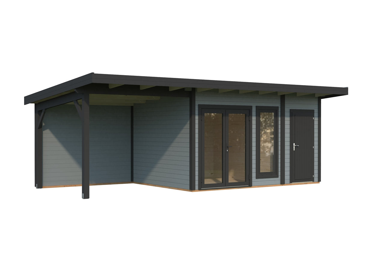 Aurelia 12,4 + 7,9 m² (7,4x3 m | 44 mm) Ühepoolse kaldega palkmaja katusealuse ja kuuriga