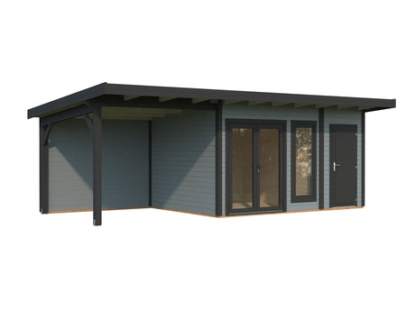 Aurelia 12,4 + 7,9 m² (7,4x3 m | 44 mm) Ühepoolse kaldega palkmaja katusealuse ja kuuriga