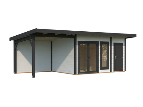 Aurelia 12,4 + 7,9 m² (7,4x3 m | 44 mm) Ühepoolse kaldega palkmaja katusealuse ja kuuriga