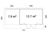Aurelia 12,7 + 7,9 m² (7,5x3 m | 44 mm) Modernne ühepoolse kaldega aiamaja katusealusega