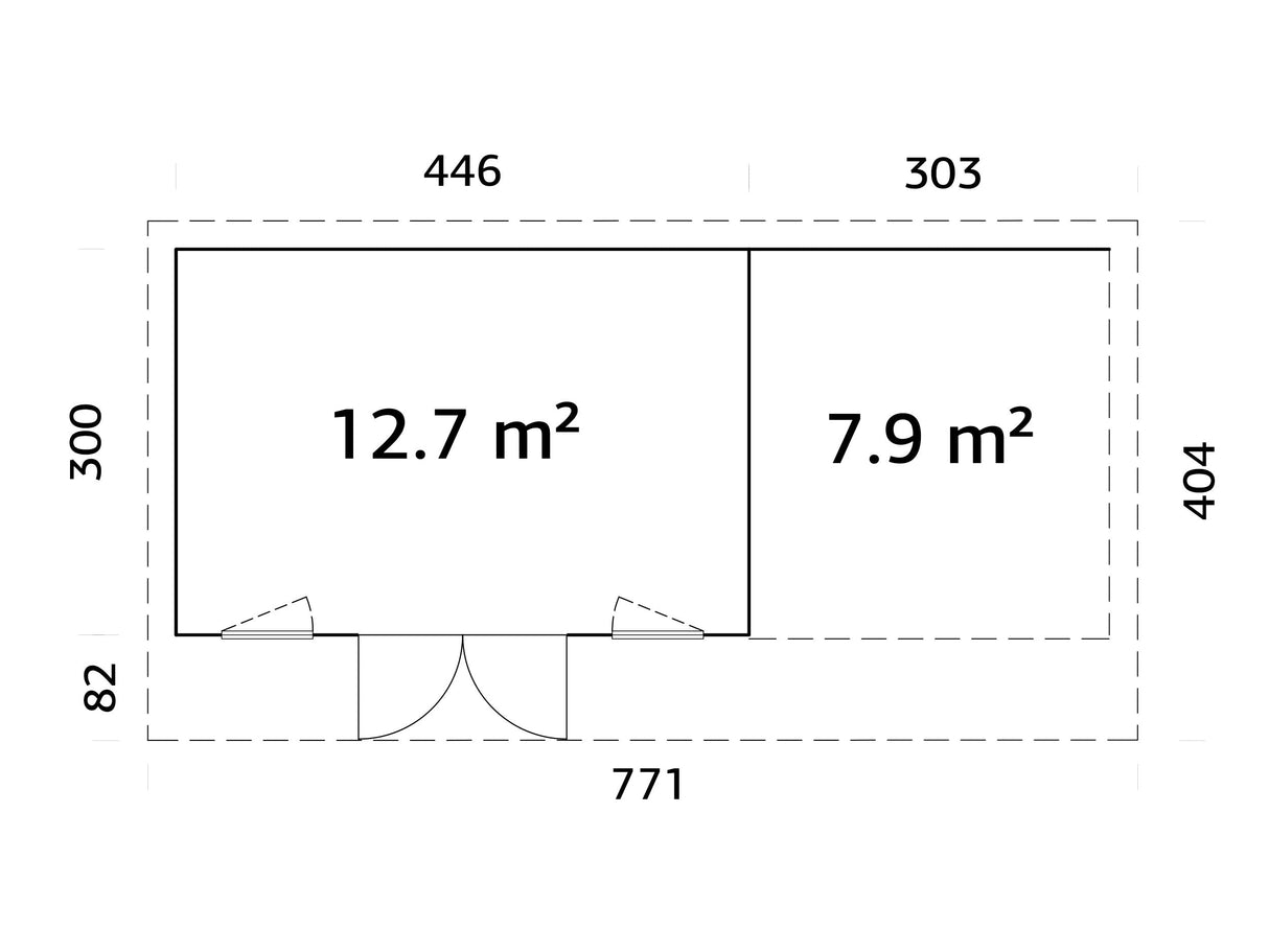 Aurelia 12,7 + 7,9 m² (7,5x3 m | 44 mm) Modernne ühepoolse kaldega aiamaja katusealusega