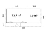 Aurelia 12,7 + 7,9 m² (7,5x3 m | 44 mm) Modernne ühepoolse kaldega aiamaja katusealusega