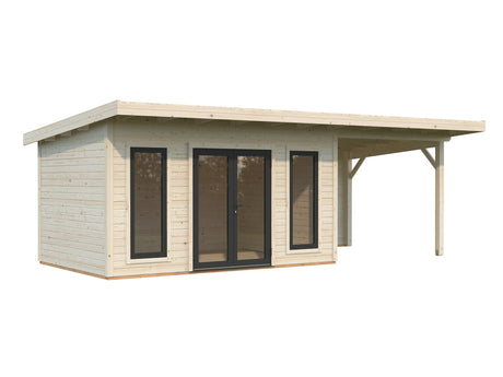 Aurelia 12,7 + 7,9 m² (7,5x3 m | 44 mm) Modernne ühepoolse kaldega aiamaja katusealusega