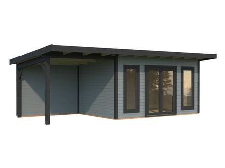 Aurelia 12,7 + 7,9 m² (7,5x3 m | 44 mm) Modernne ühepoolse kaldega aiamaja katusealusega