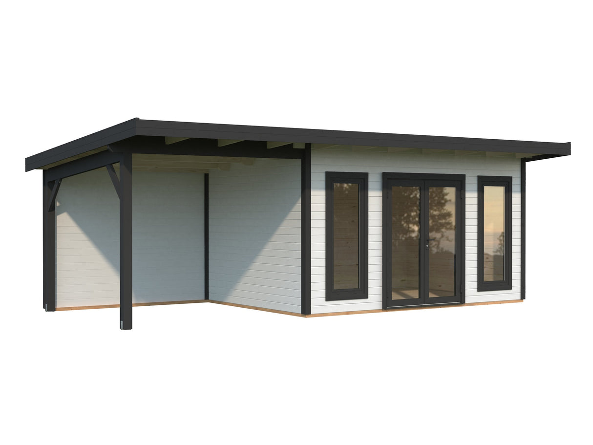 Aurelia 12,7 + 7,9 m² (7,5x3 m | 44 mm) Modernne ühepoolse kaldega aiamaja katusealusega