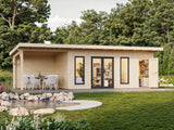 Aurelia 16,7 + 7,9 m² (8,9x3 m | 44 mm) Lamekatusega palkmaja katusealuse ja kuuriga