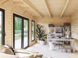 Aurelia 16,7 + 7,9 m² (8,9x3 m | 44 mm) Lamekatusega palkmaja katusealuse ja kuuriga