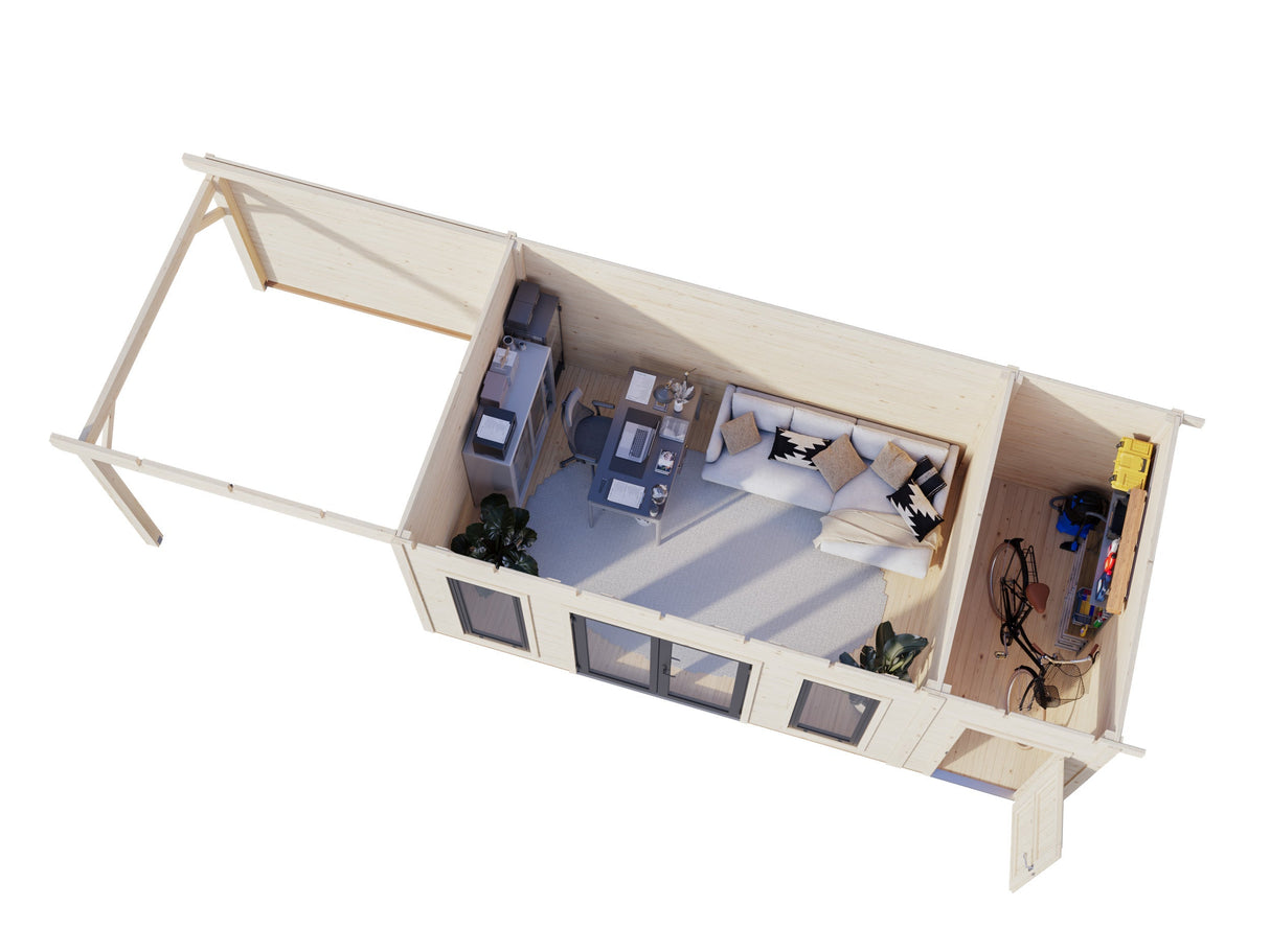 Aurelia 16,7 + 7,9 m² (8,9x3 m | 44 mm) Lamekatusega palkmaja katusealuse ja kuuriga