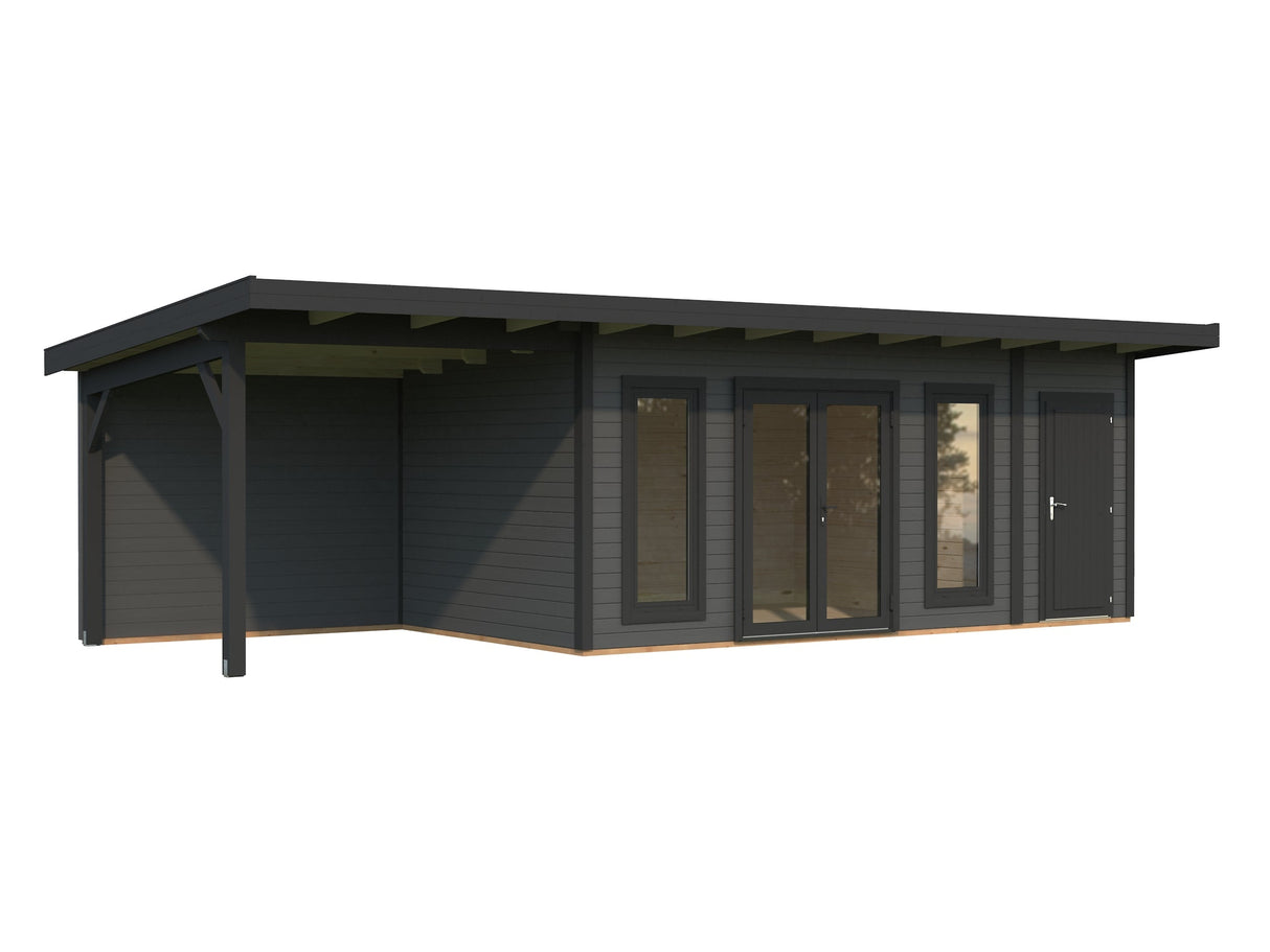 Aurelia 16,7 + 7,9 m² (8,9x3 m | 44 mm) Lamekatusega palkmaja katusealuse ja kuuriga