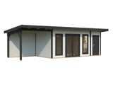 Aurelia 16,7 + 7,9 m² (8,9x3 m | 44 mm) Lamekatusega palkmaja katusealuse ja kuuriga