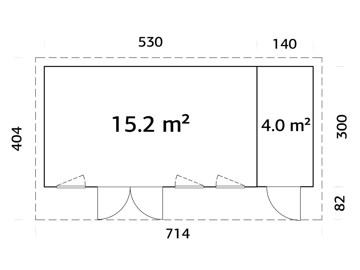 Aurelia 19,2 m² (6,7x3 m | 44 mm) Ühepoolse katusega aiamaja kuuriga