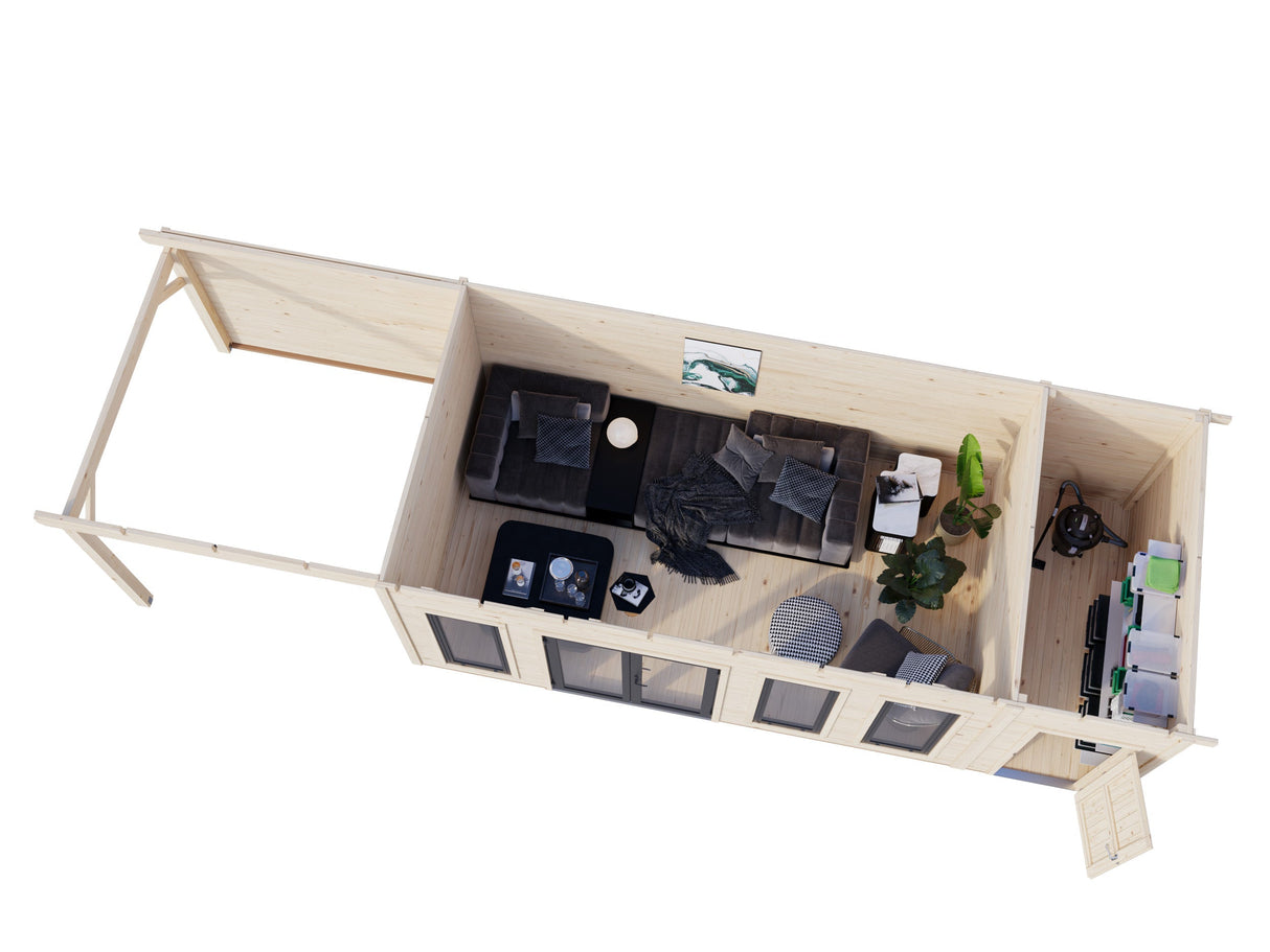Aurelia 19,2 + 7,9 m² (9,7x3 m | 44 mm) Ühepoolse kaldega aiamaja katusealuse ja kuuriga