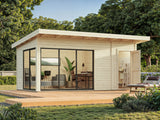 Andrea 15,2 m² (5,3x3 m | 44 mm) Kompaktne modernne palkmaja tööriistakuuriga