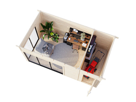 Andrea 15,2 m² (5,3x3 m | 44 mm) Kompaktne modernne palkmaja tööriistakuuriga