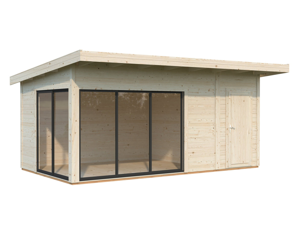 Andrea 15,2 m² (5,3x3 m | 44 mm) Kompaktne modernne palkmaja tööriistakuuriga