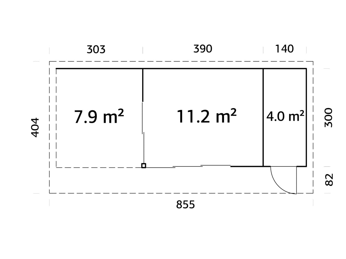 Andrea 15,2 + 7,9 m² (8,3x3 m | 44 mm) Lükanduste, katusealuse ja kuuriga aiamaja