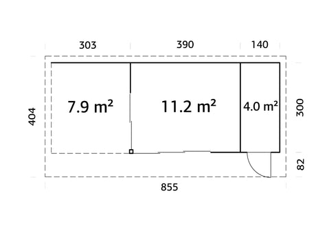 Andrea 15,2 + 7,9 m² (8,3x3 m | 44 mm) Lükanduste, katusealuse ja kuuriga aiamaja